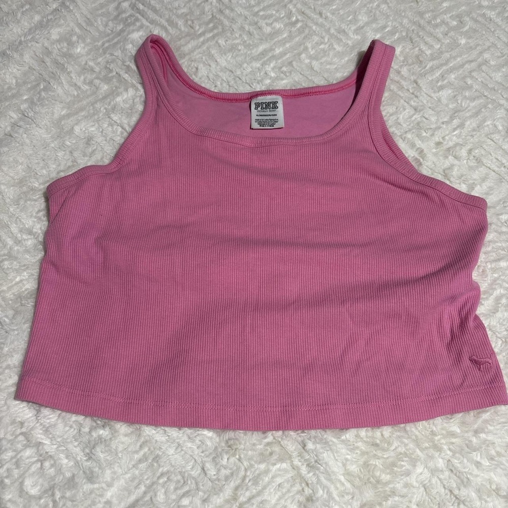 Victoria's Secret PINK Tank‎ Top Womens XL Pink Ribbed Cropped Scoop Neck